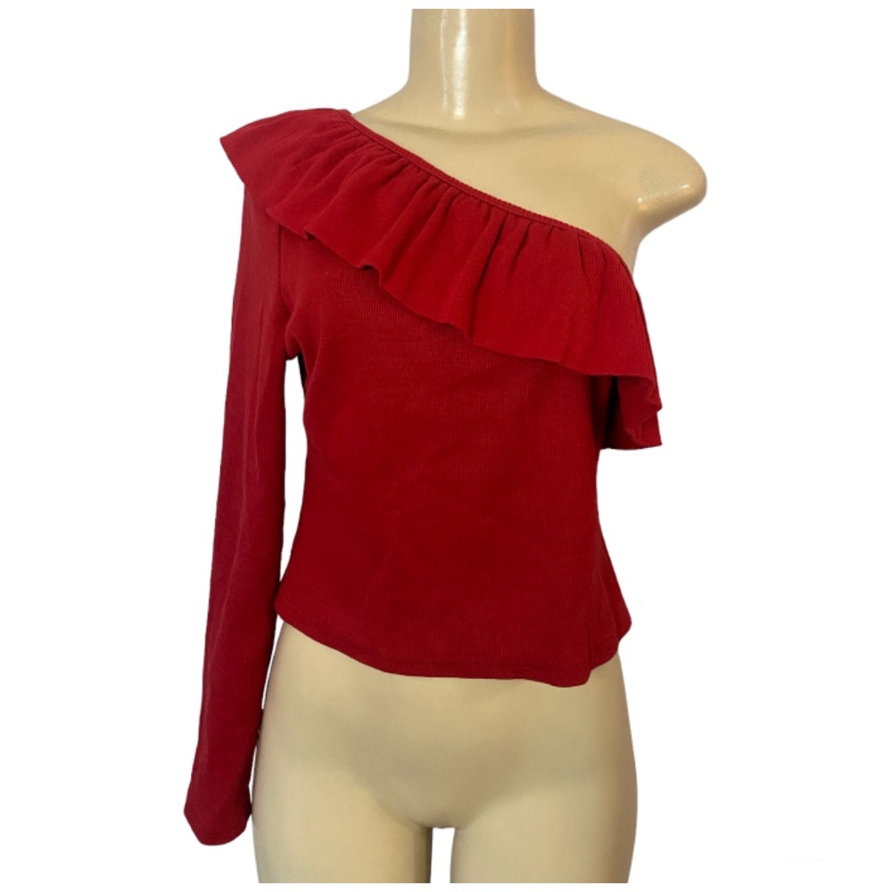 Anthropologie One Shoulder Long Sleeve Ruffle Top Red Medium - Picture 1 of 5